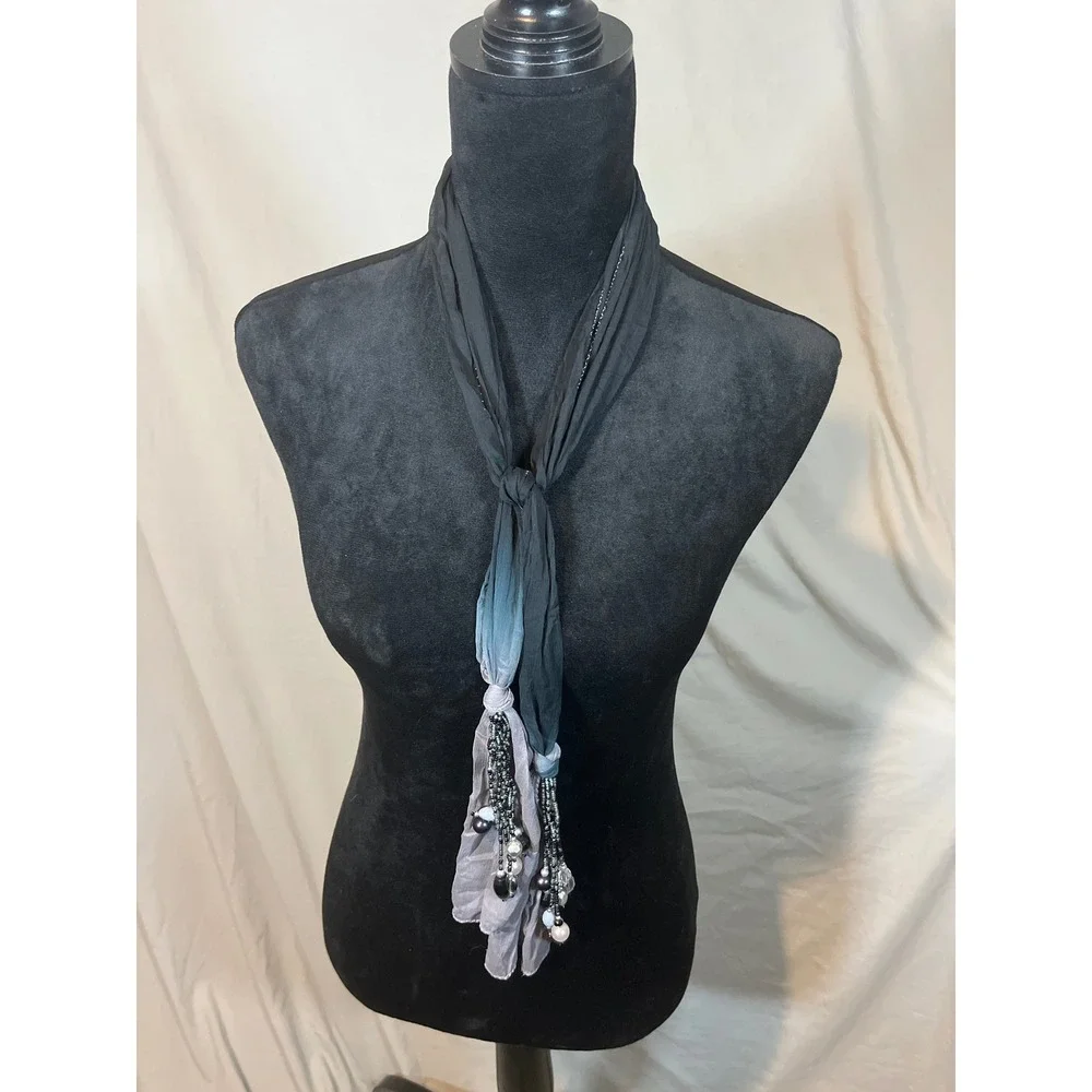 Womens Black‎ Grey Ombre Beaded Lariat Scarf Necklace Boho Statement Accessory